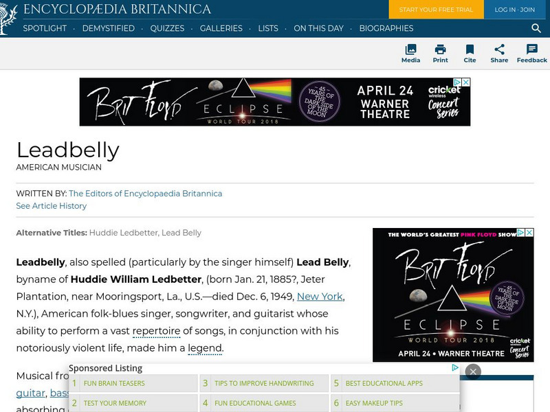 Encyclopedia Britannica: Leadbelly Handout Encyclopedia Britannica: Leadbelly Handout