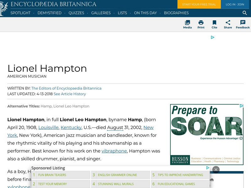 Encyclopedia Britannica: Lionel Hampton Handout Encyclopedia Britannica: Lionel Hampton Handout