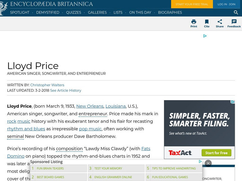 Encyclopedia Britannica: Lloyd Price Handout Encyclopedia Britannica: Lloyd Price Handout
