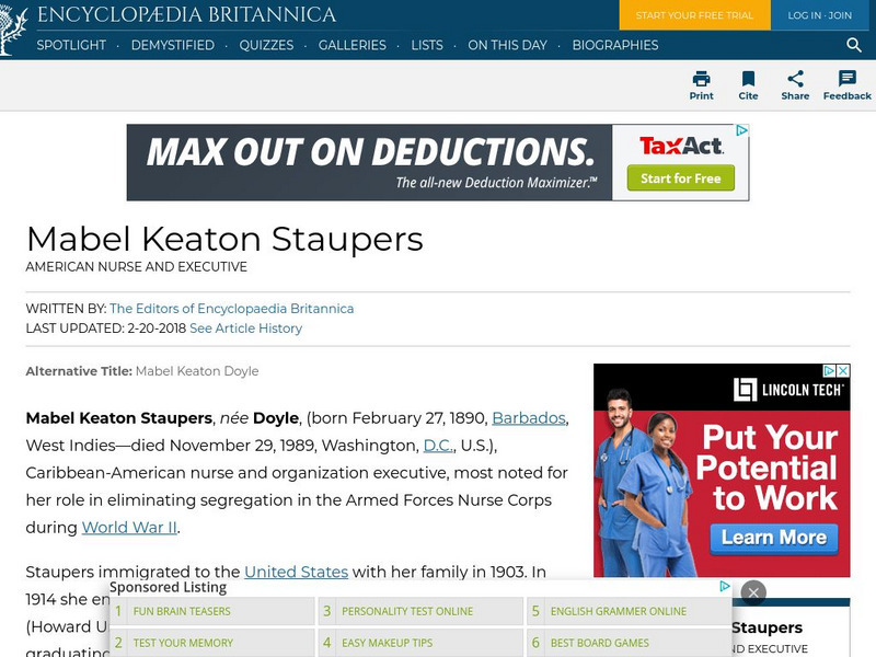 Encyclopedia Britannica: Mabel Keaton Staupers Handout Encyclopedia Britannica: Mabel Keaton Staupers Handout