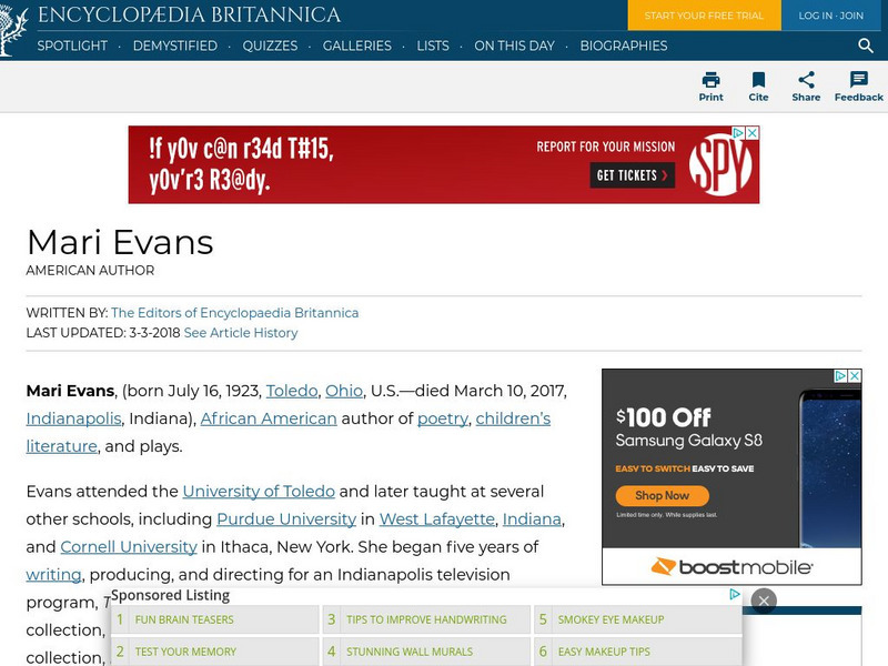 Encyclopedia Britannica: Mari Evans Handout Encyclopedia Britannica: Mari Evans Handout