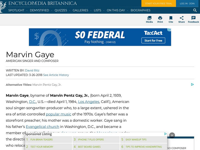 Encyclopedia Britannica: Marvin Gaye Handout Encyclopedia Britannica: Marvin Gaye Handout