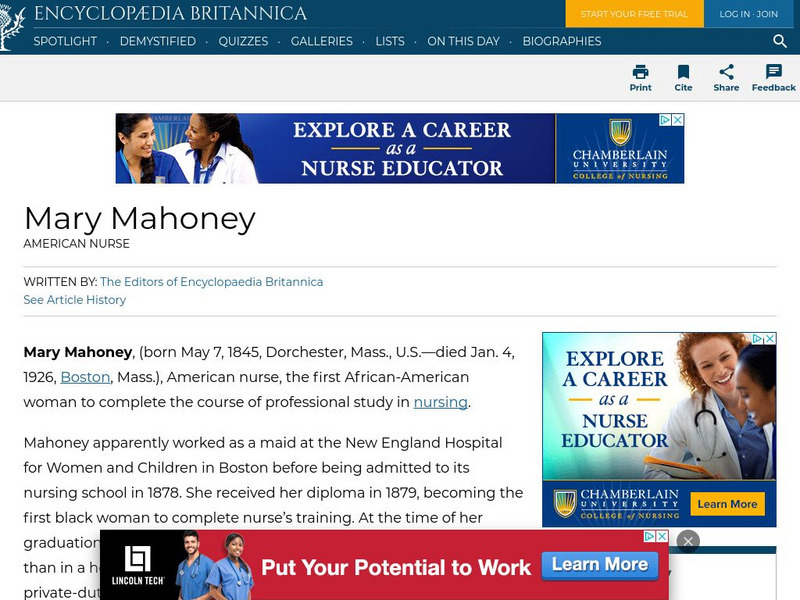 Encyclopedia Britannica: Mary Mahoney Handout Encyclopedia Britannica: Mary Mahoney Handout