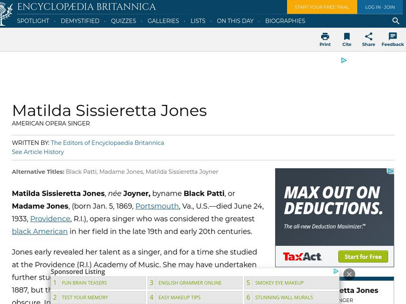 Encyclopedia Britannica: Matilda Sissieretta Jones Handout Encyclopedia Britannica: Matilda Sissieretta Jones Handout