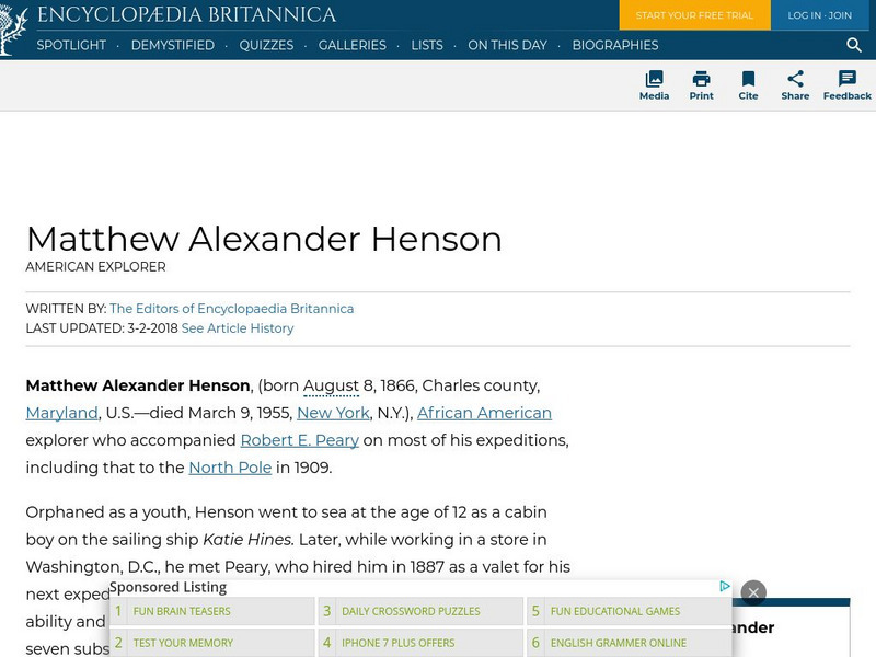 Encyclopedia Britannica: Matthew Alexander Henson Handout Encyclopedia Britannica: Matthew Alexander Henson Handout