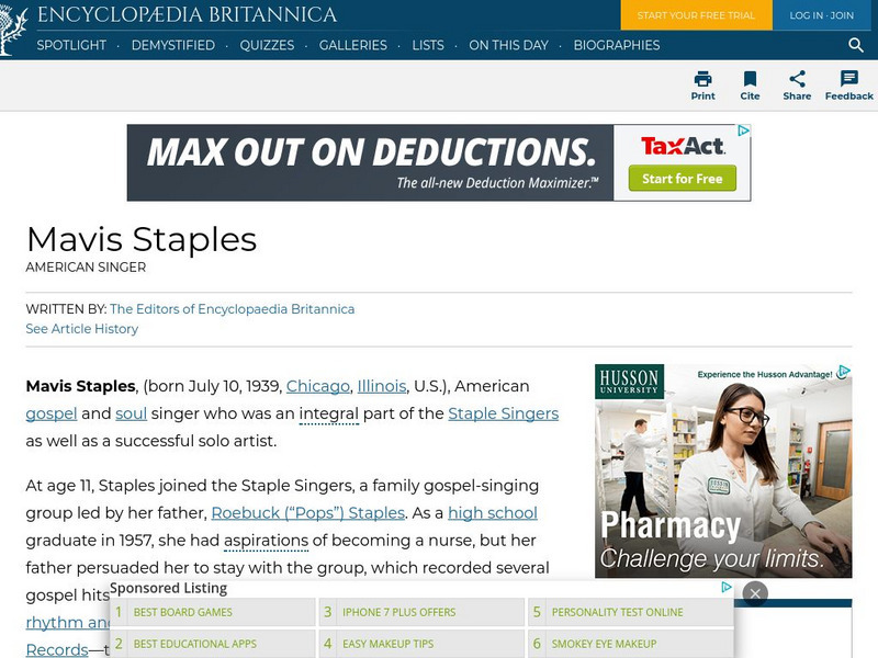 Encyclopedia Britannica: Mavis Staples Handout Encyclopedia Britannica: Mavis Staples Handout