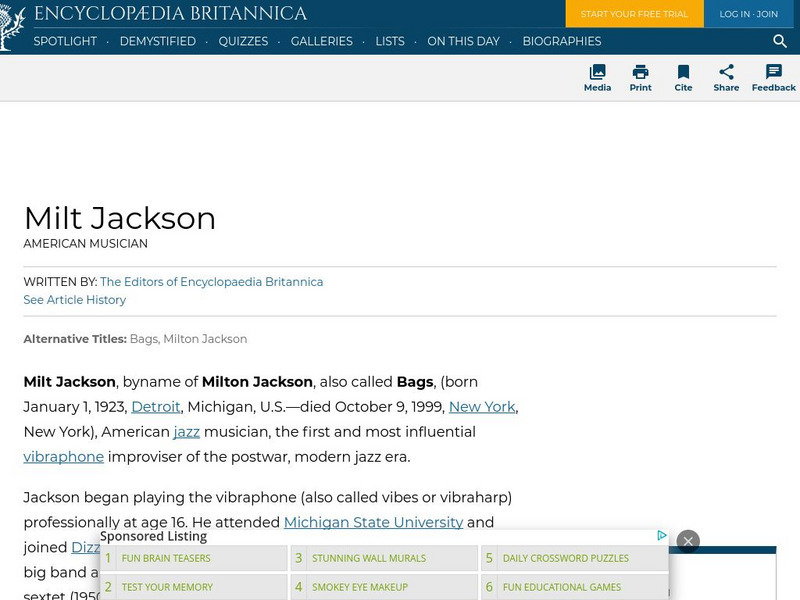 Encyclopedia Britannica: Milt Jackson Handout Encyclopedia Britannica: Milt Jackson Handout