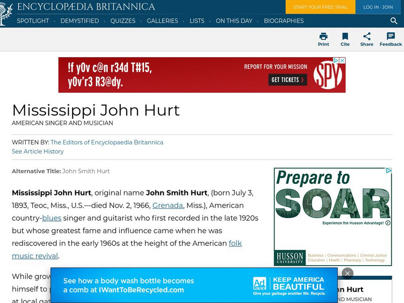 Encyclopedia Britannica: Mississippi John Hurt Handout Encyclopedia Britannica: Mississippi John Hurt Handout