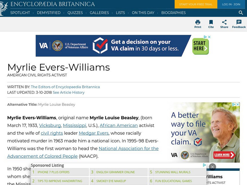 Encyclopedia Britannica: Myrlie Evers Williams Handout Encyclopedia Britannica: Myrlie Evers Williams Handout