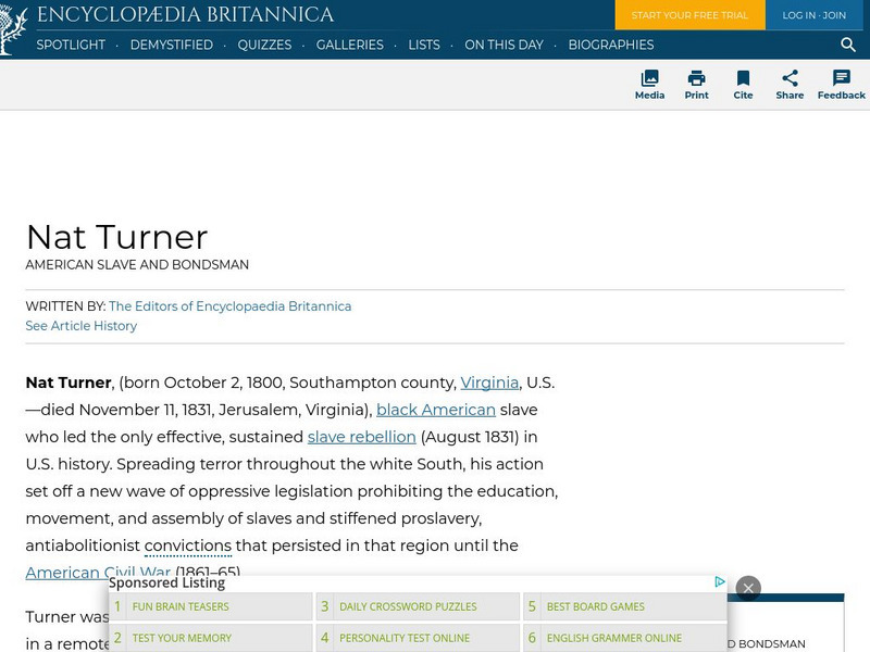 Encyclopedia Britannica: Nat Turner Handout Encyclopedia Britannica: Nat Turner Handout