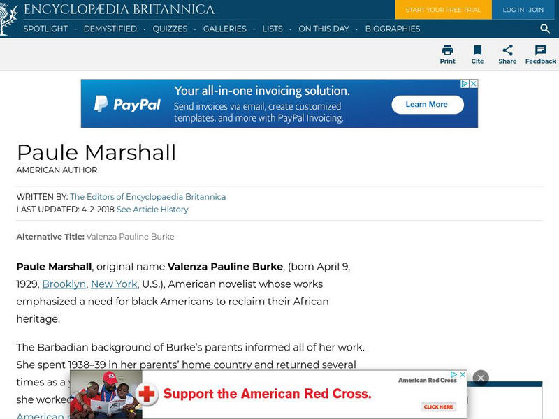 Encyclopedia Britannica: Paule Marshall Handout Encyclopedia Britannica: Paule Marshall Handout
