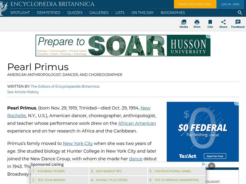 Encyclopedia Britannica: Pearl Primus Handout Encyclopedia Britannica: Pearl Primus Handout