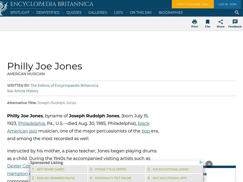 Encyclopedia Britannica: Philly Joe Jones Handout Encyclopedia Britannica: Philly Joe Jones Handout