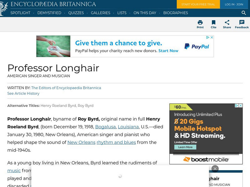 Encyclopedia Britannica: Professor Longhair Handout Encyclopedia Britannica: Professor Longhair Handout
