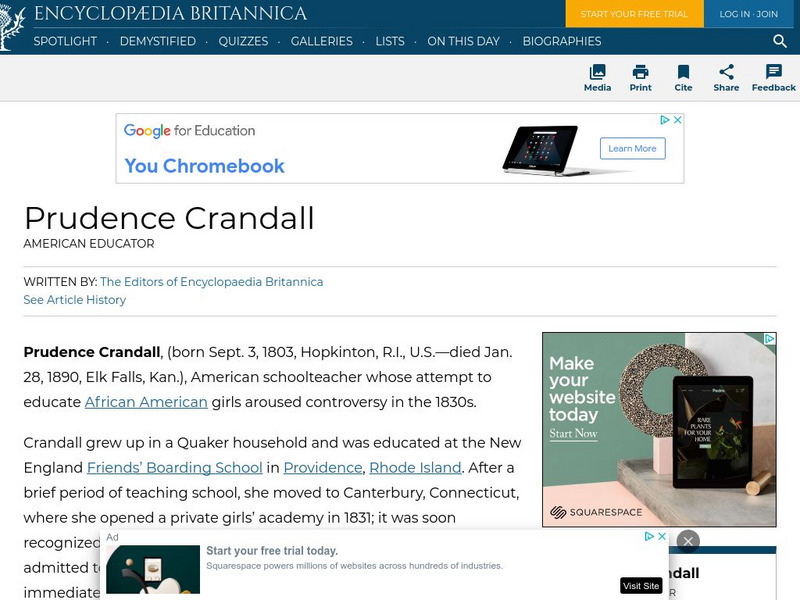 Encyclopedia Britannica: Prudence Crandall Handout Encyclopedia Britannica: Prudence Crandall Handout