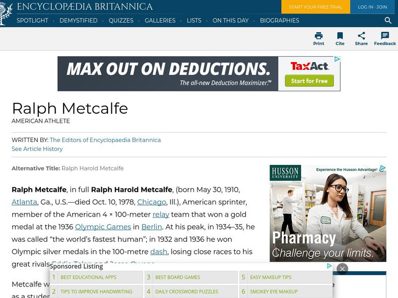 Encyclopedia Britannica: Ralph Metcalfe Handout Encyclopedia Britannica: Ralph Metcalfe Handout