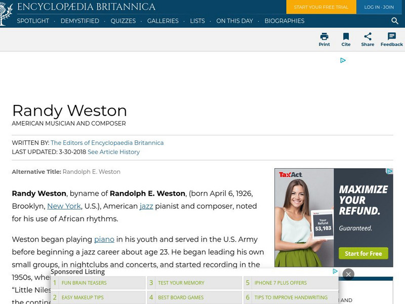 Encyclopedia Britannica: Randy Weston Handout Encyclopedia Britannica: Randy Weston Handout