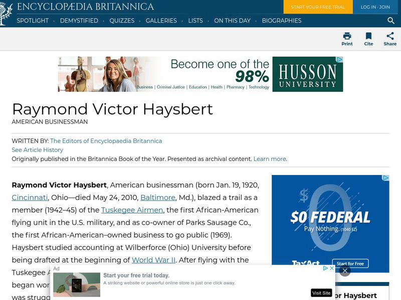 Encyclopedia Britannica: Raymond Victor Haysbert Handout Encyclopedia Britannica: Raymond Victor Haysbert Handout