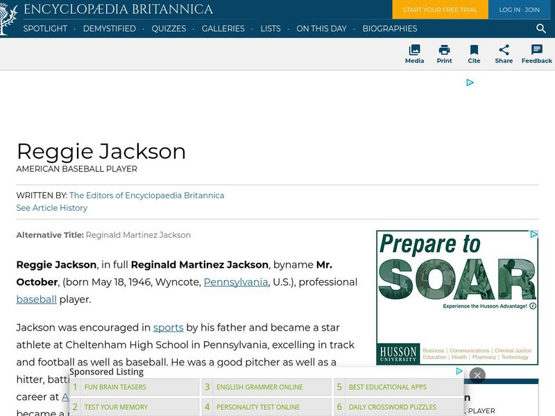 Encyclopedia Britannica: Reggie Jackson Handout Encyclopedia Britannica: Reggie Jackson Handout