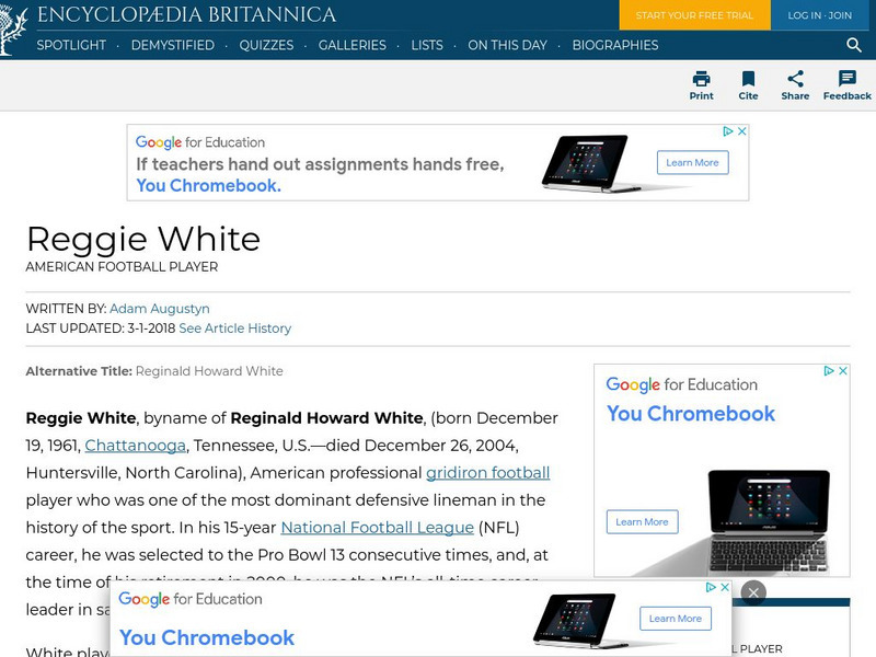 Encyclopedia Britannica: Reggie White Handout Encyclopedia Britannica: Reggie White Handout