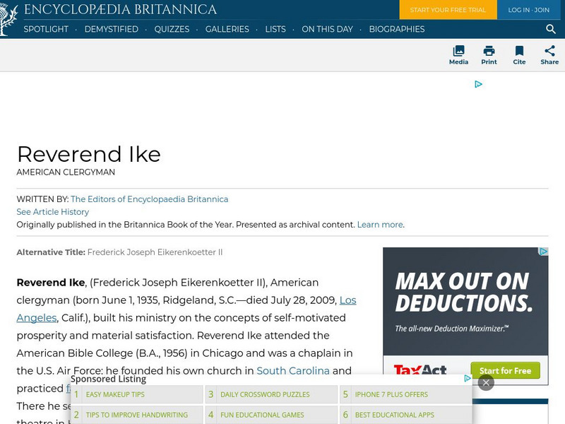 Encyclopedia Britannica: Reverend Ike Handout Encyclopedia Britannica: Reverend Ike Handout