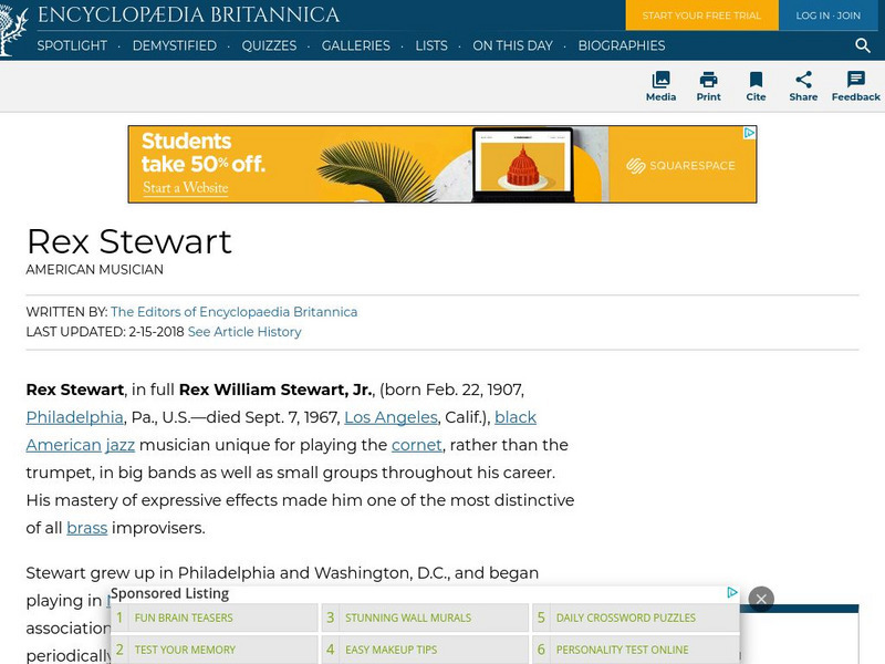 Encyclopedia Britannica: Rex Stewart Handout Encyclopedia Britannica: Rex Stewart Handout