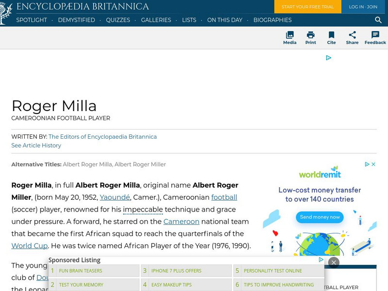 Encyclopedia Britannica: Roger Milla Handout