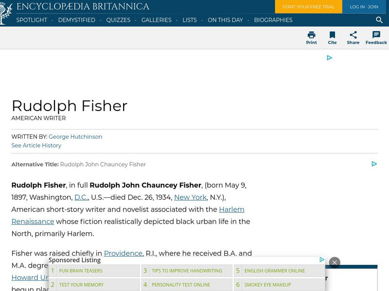 Encyclopedia Britannica: Rudolph Fisher Handout Encyclopedia Britannica: Rudolph Fisher Handout