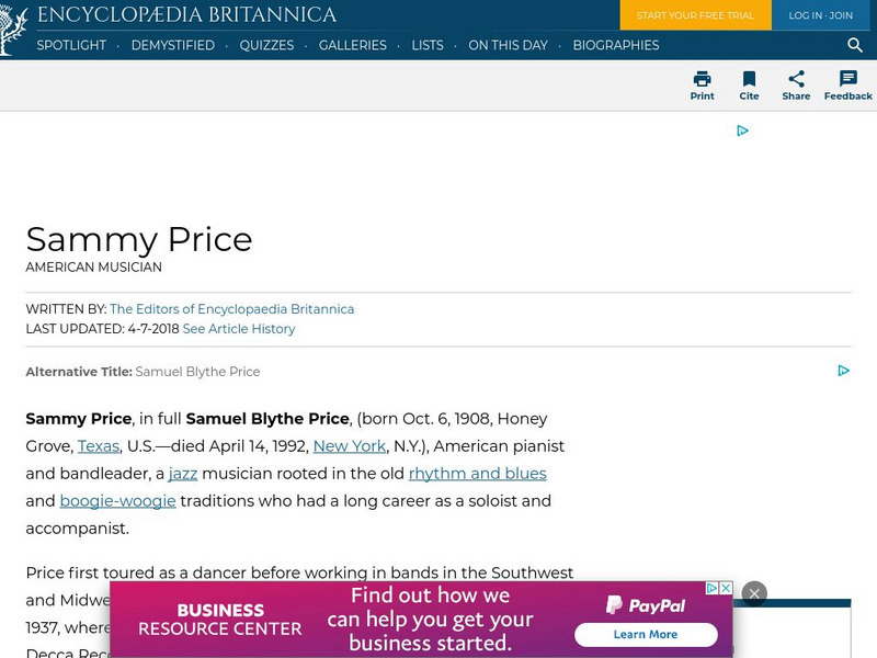 Encyclopedia Britannica: Sammy Price Handout Encyclopedia Britannica: Sammy Price Handout