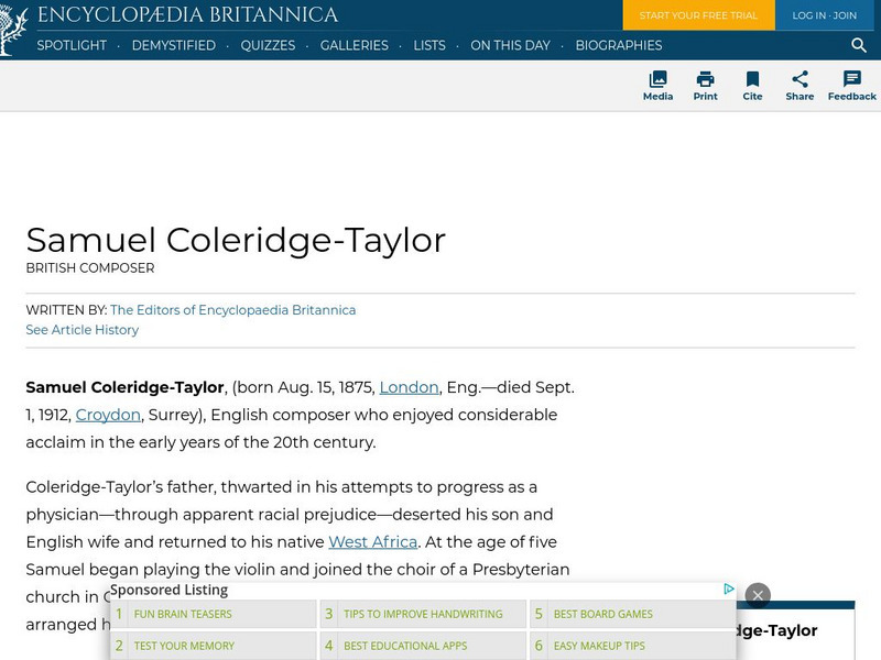 Encyclopedia Britannica: Samuel Coleridge Taylor Handout