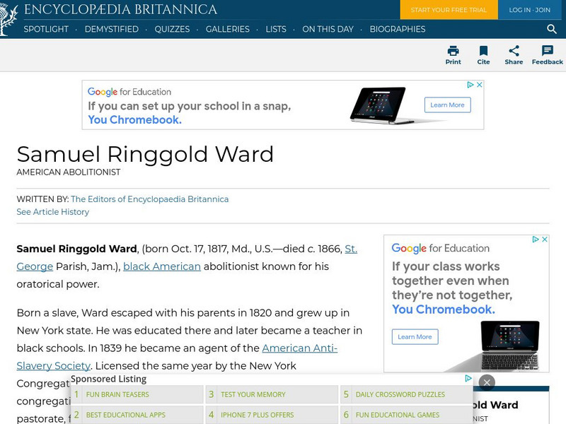 Encyclopedia Britannica: Samuel Ringgold Ward Handout Encyclopedia Britannica: Samuel Ringgold Ward Handout