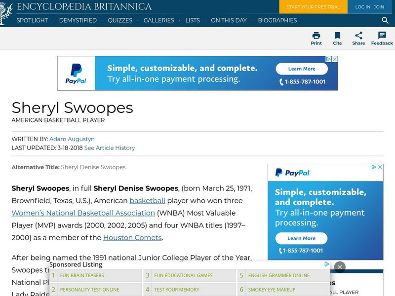 Encyclopedia Britannica: Sheryl Swoopes Handout Encyclopedia Britannica: Sheryl Swoopes Handout