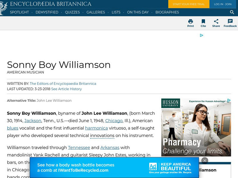 Encyclopedia Britannica: Sonny Boy Williamson Handout Encyclopedia Britannica: Sonny Boy Williamson Handout