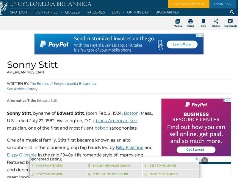 Encyclopedia Britannica: Sonny Stitt Handout Encyclopedia Britannica: Sonny Stitt Handout