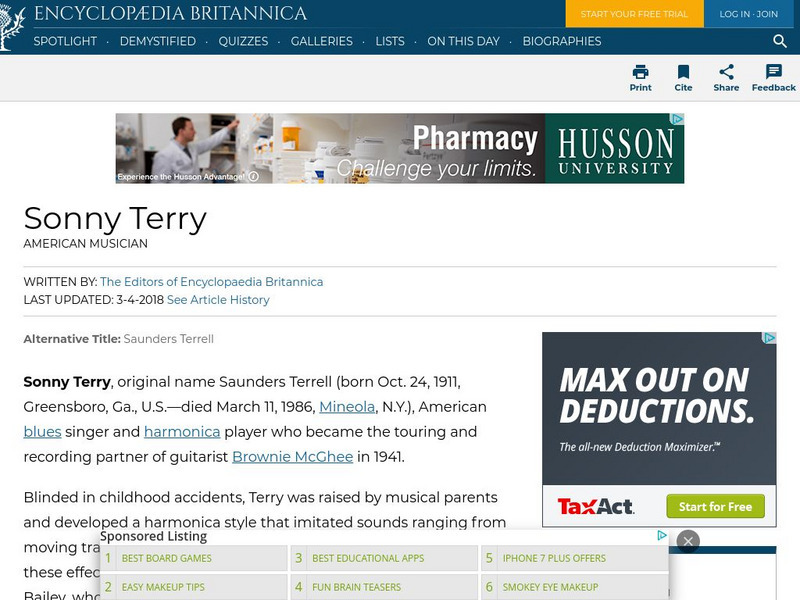 Encyclopedia Britannica: Sonny Terry Handout Encyclopedia Britannica: Sonny Terry Handout