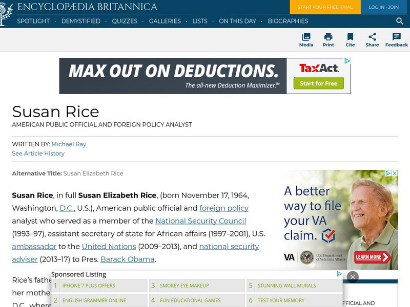 Encyclopedia Britannica: Susan Rice Handout Encyclopedia Britannica: Susan Rice Handout