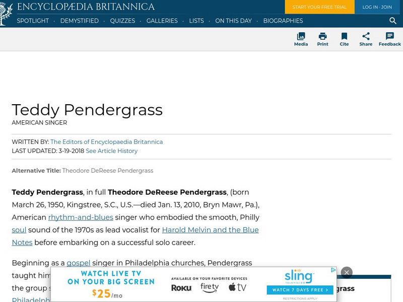 Encyclopedia Britannica: Teddy Pendergrass Handout Encyclopedia Britannica: Teddy Pendergrass Handout