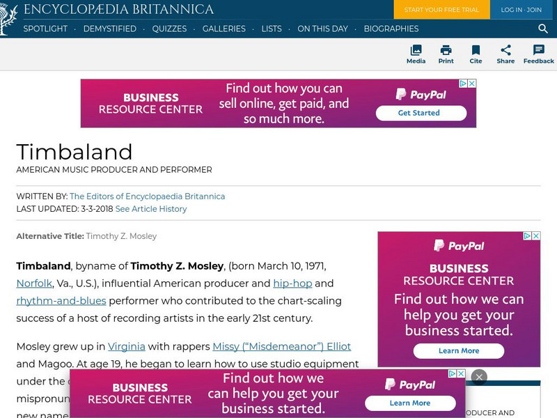 Encyclopedia Britannica: Timbaland Handout Encyclopedia Britannica: Timbaland Handout