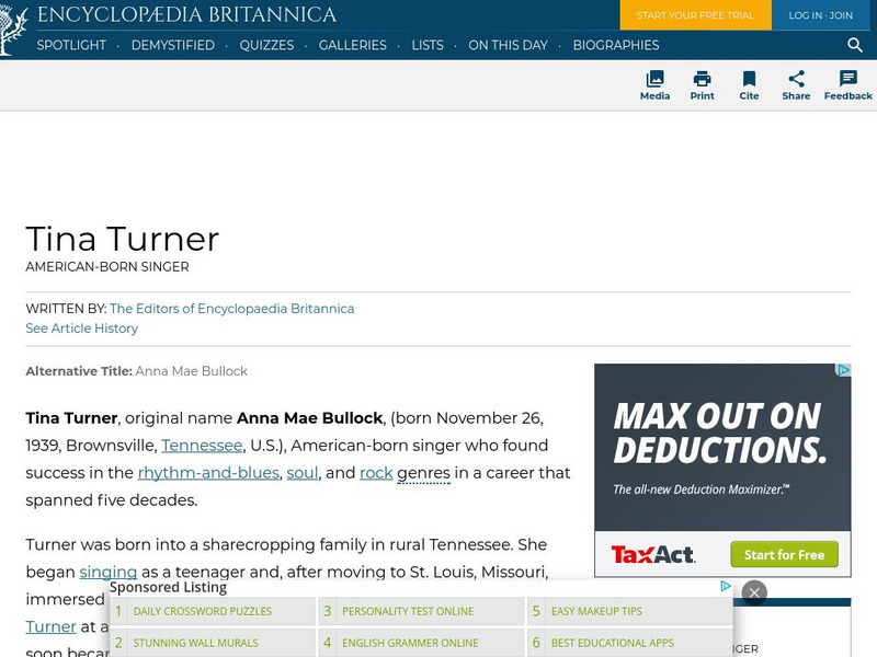 Encyclopedia Britannica: Tina Turner Handout Encyclopedia Britannica: Tina Turner Handout