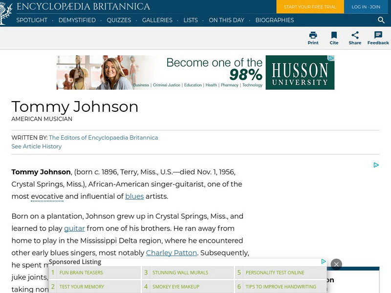 Encyclopedia Britannica: Tommy Johnson Handout Encyclopedia Britannica: Tommy Johnson Handout
