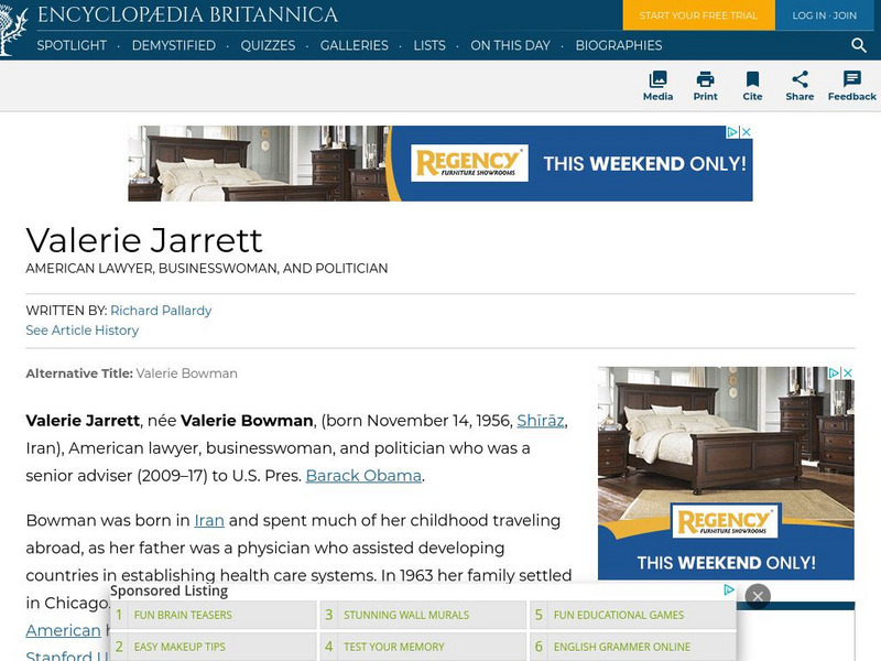 Encyclopedia Britannica: Valerie Jarrett Handout Encyclopedia Britannica: Valerie Jarrett Handout