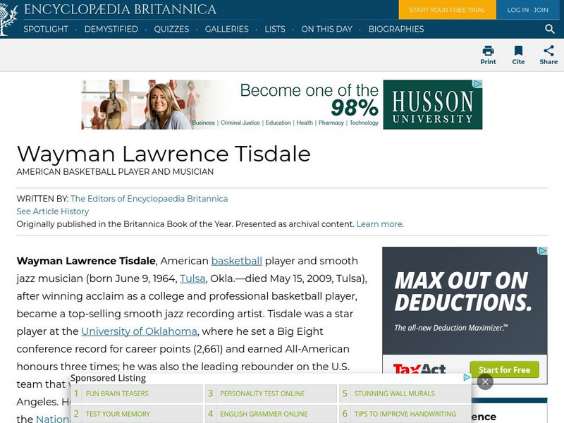 Encyclopedia Britannica: Wayman Lawrence Tisdale Handout Encyclopedia Britannica: Wayman Lawrence Tisdale Handout