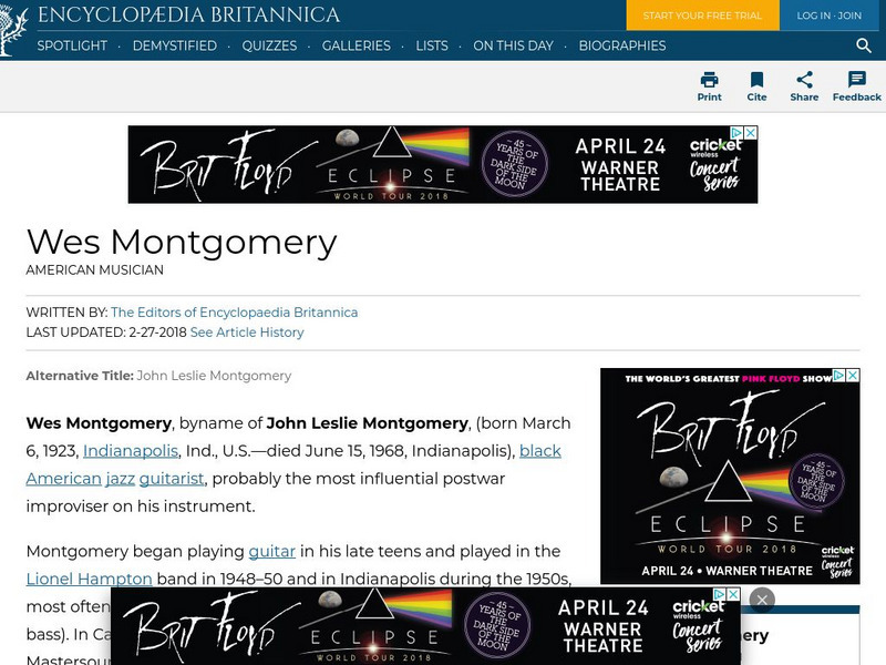 Encyclopedia Britannica: Wes Montgomery Handout Encyclopedia Britannica: Wes Montgomery Handout