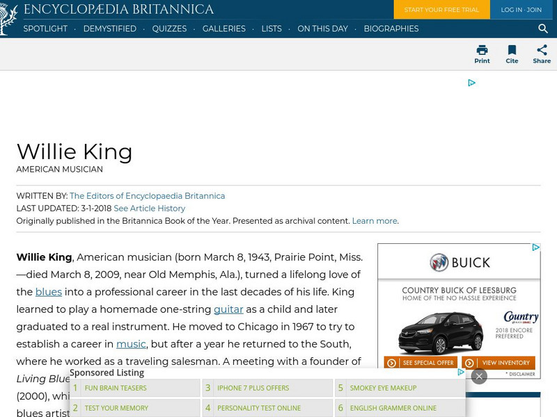 Encyclopedia Britannica: Willie King Handout Encyclopedia Britannica: Willie King Handout