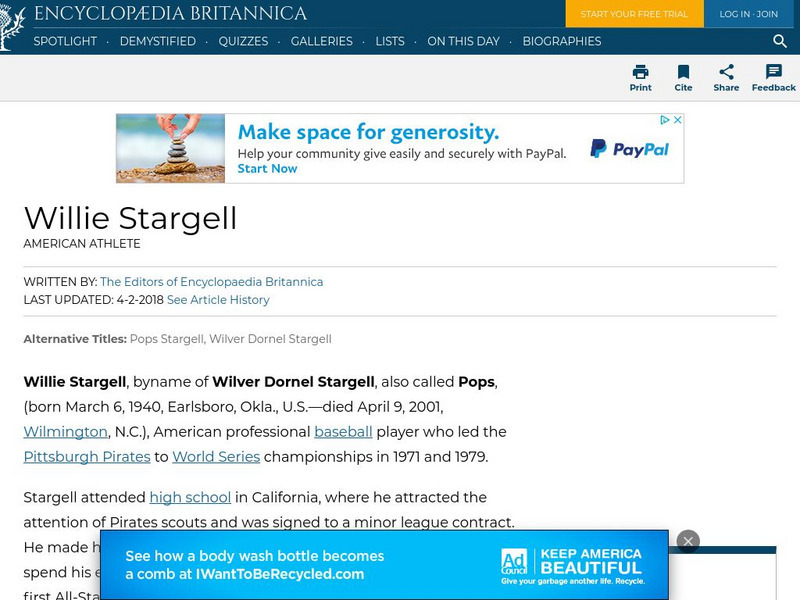 Encyclopedia Britannica: Willie Stargell Handout Encyclopedia Britannica: Willie Stargell Handout
