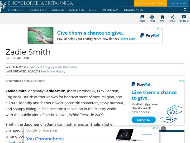 Encyclopedia Britannica: Zadie Smith Handout Encyclopedia Britannica: Zadie Smith Handout