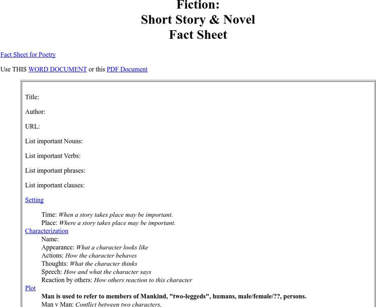 Cyber English (By Ted Nellen): Fiction: Short Story & Novel Fact Sheet Unknown Type Cyber English (By Ted Nellen): Fiction: Short Story & Novel Fact Sheet Unknown Type