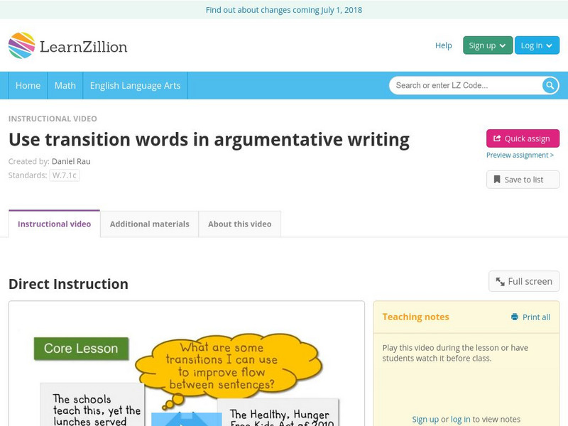 Learn Zillion: Use Transition Words in Argumentative Writing Instructional Video Learn Zillion: Use Transition Words in Argumentative Writing Instructional Video