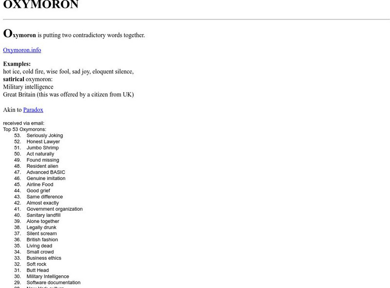 Cyber English (By Ted Nellen): Oxymoron Handout Cyber English (By Ted Nellen): Oxymoron Handout