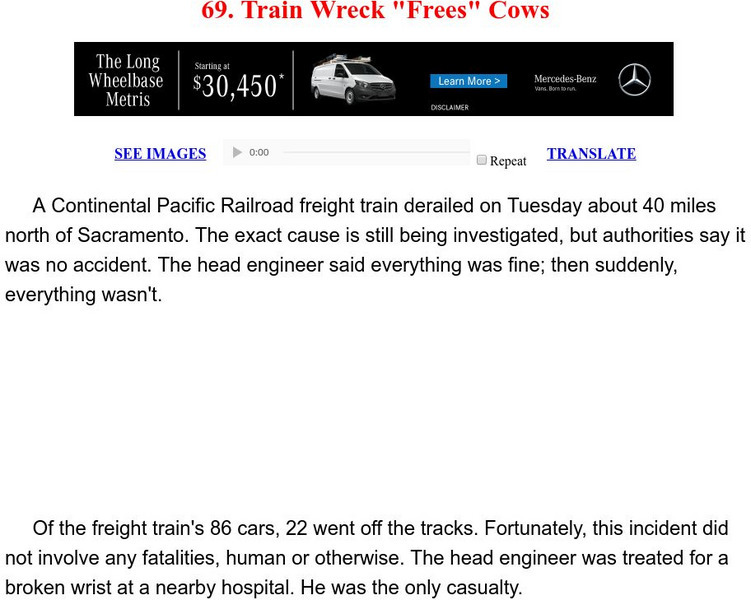 Esl: English for Intermediate Learners (2): Train Wreck "Frees" Cows Unit Plan Esl: English for Intermediate Learners (2): Train Wreck "Frees" Cows Unit Plan
